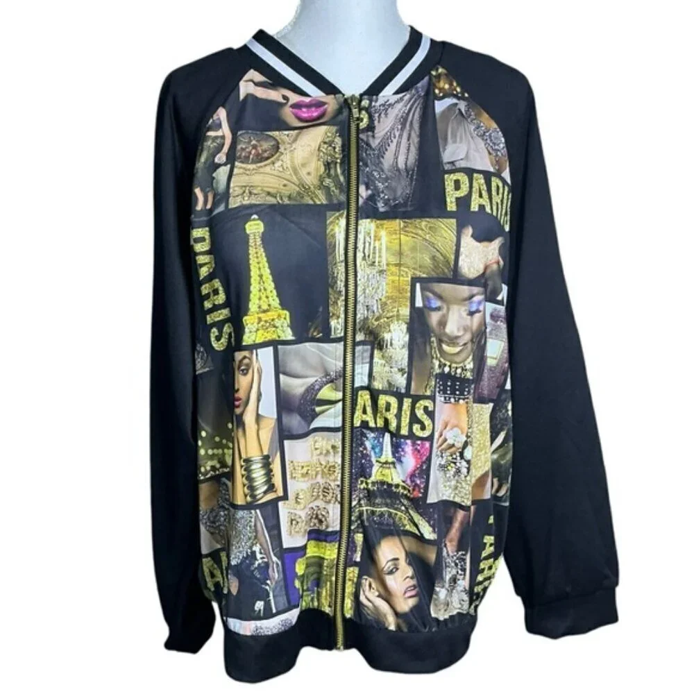 Blush Paris Bomber Jacket Magazine Varsity Zip Up Gold Black Women Large-XLarge - Picture 5 of 15